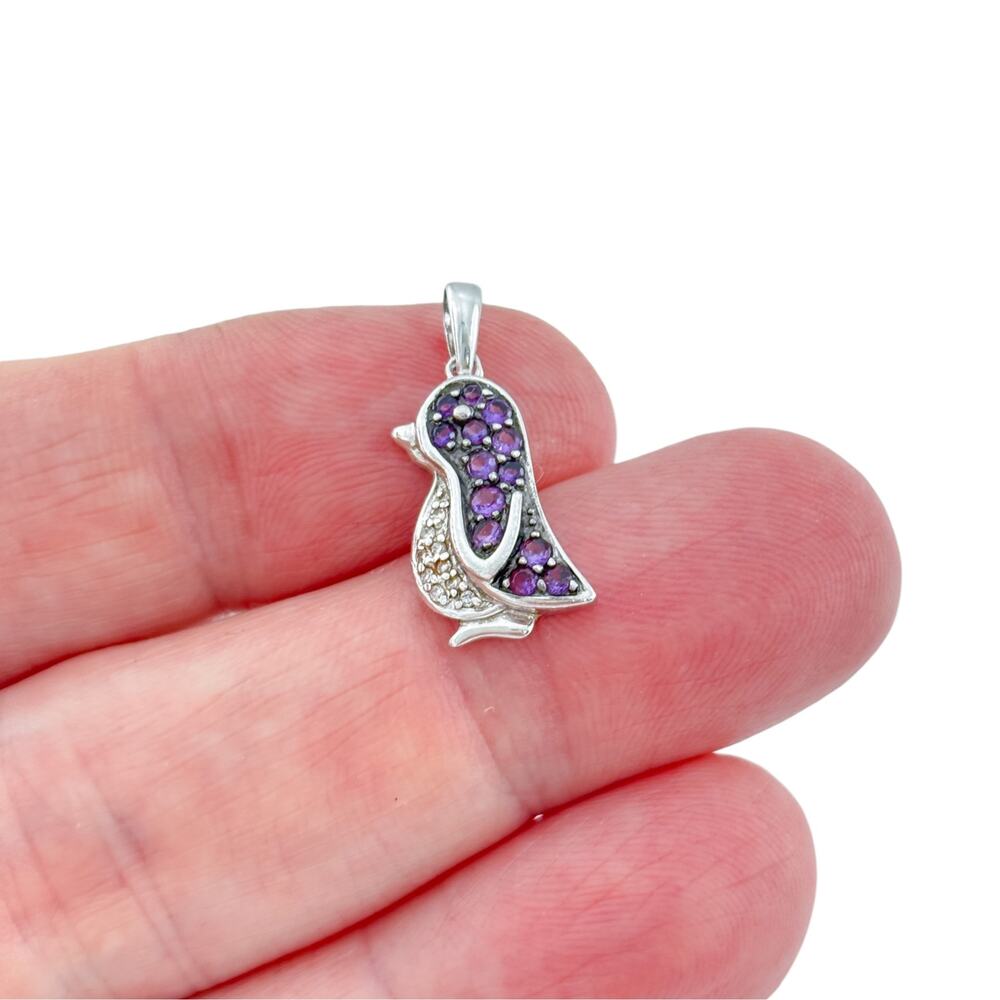 Vintage Sterling Silver 925 Amethyst Cubic Zirconia Penguin Pendant